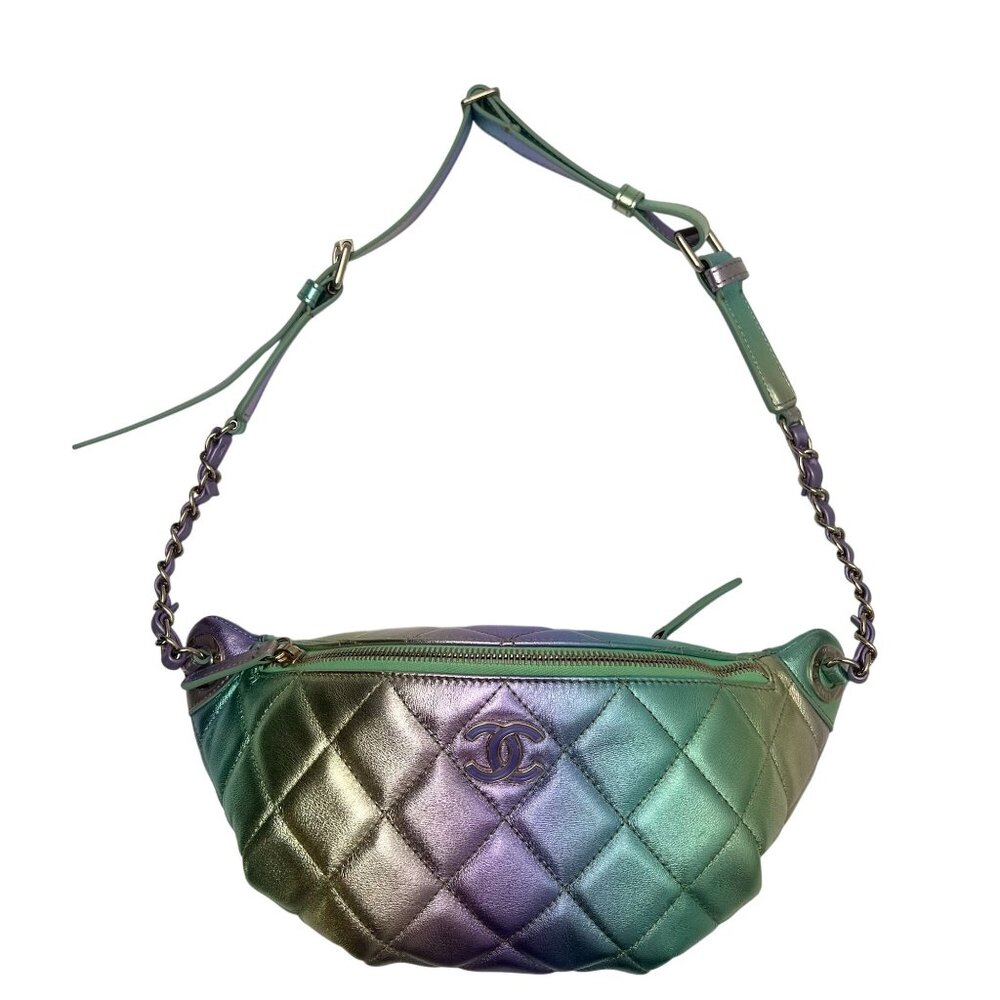 Chanel 2024 Iridescent Blue Purple Green Gold Lambskin Bum Bag GHW